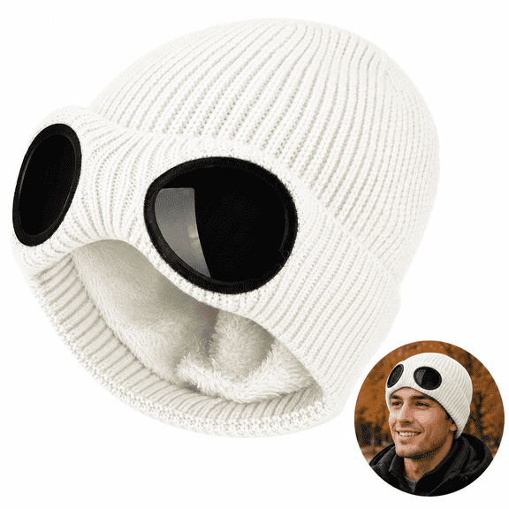 Unisex Goggle Knitted Beanie, Fleece Lined Ski Hat with Built-in Eyewear, Warm Fall Winter Skull Cap for Men Women Outdoor Sports