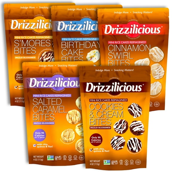 Drizzilicious Mini Rice Cake Bites Variety Pack | 4 Ounce Bag | Birthday Cake, Cinnamon Swirl, Cookies & Cream, S'mores, Salted Caramel | Pack of 5