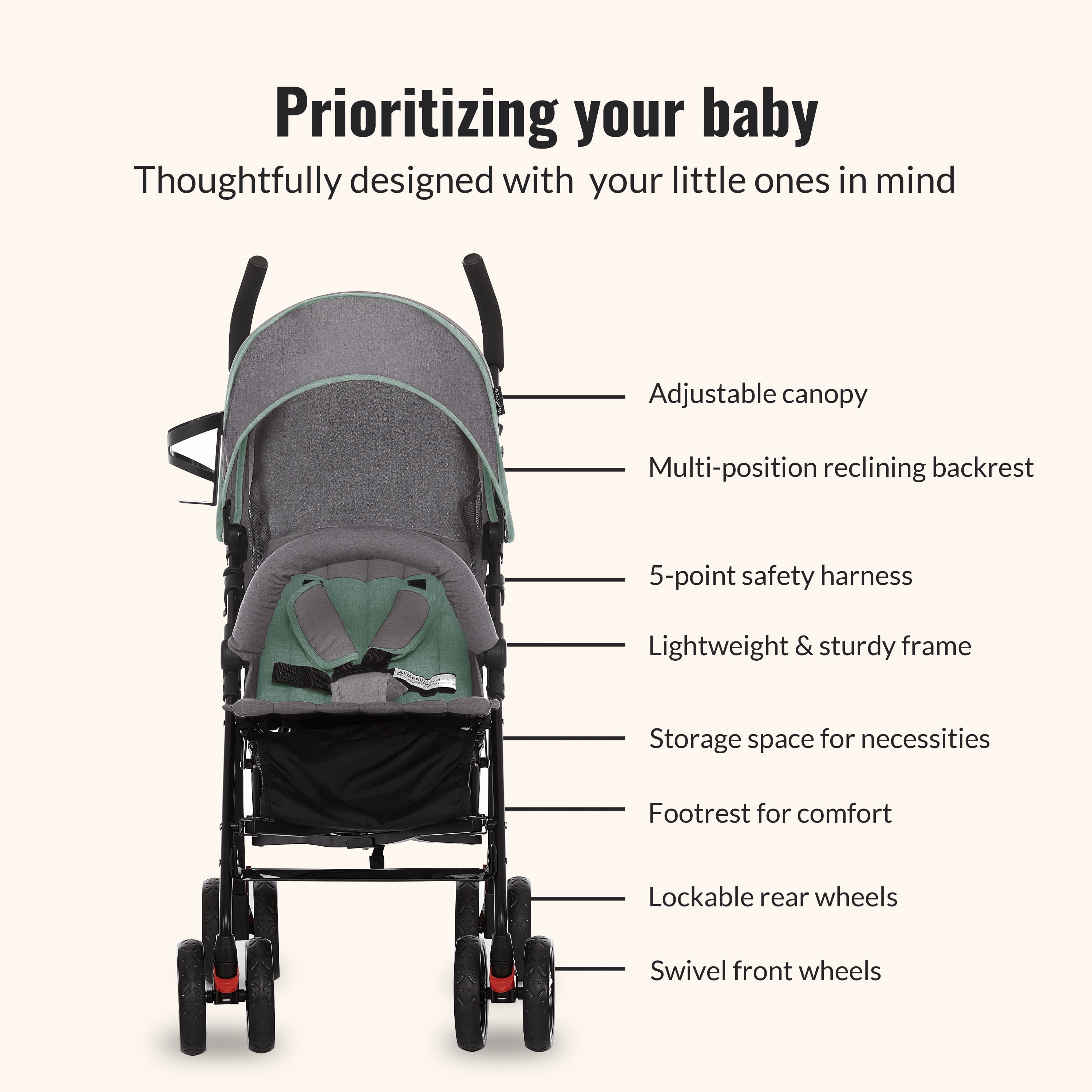 Dream On Me Vista Moonwalk Stroller, Lightweight Infant Stroller with Compact Fold, Multi-Position Recline, Canopy with Sun Visor, Perfect for Traveling and Theme Parks, Mint