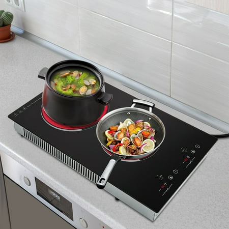 Electric Ceramic Cooktop with Plug, 2 Burners Electric Stove 110V, Child Safety lock, Sensor Touch Control, 9 Heating Levels Cooker