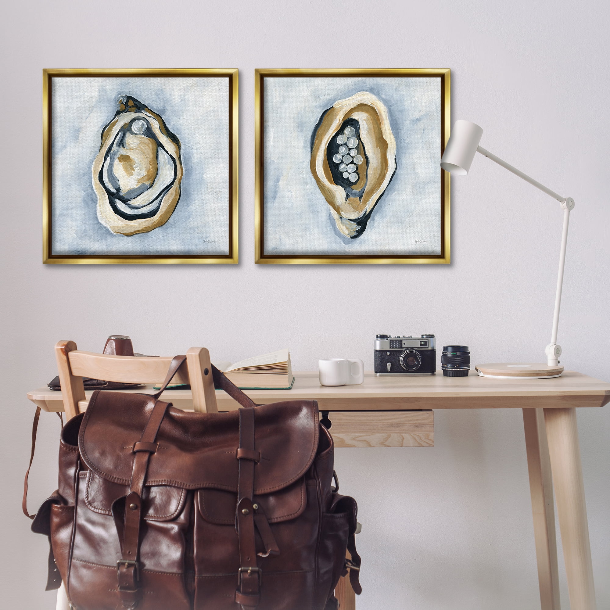 Stupell Industries Oyster with Pearls Nautical & Beach Painting Gold Floater Framed Canvas Art Print Wall Art, 25 x 25, Set of 2