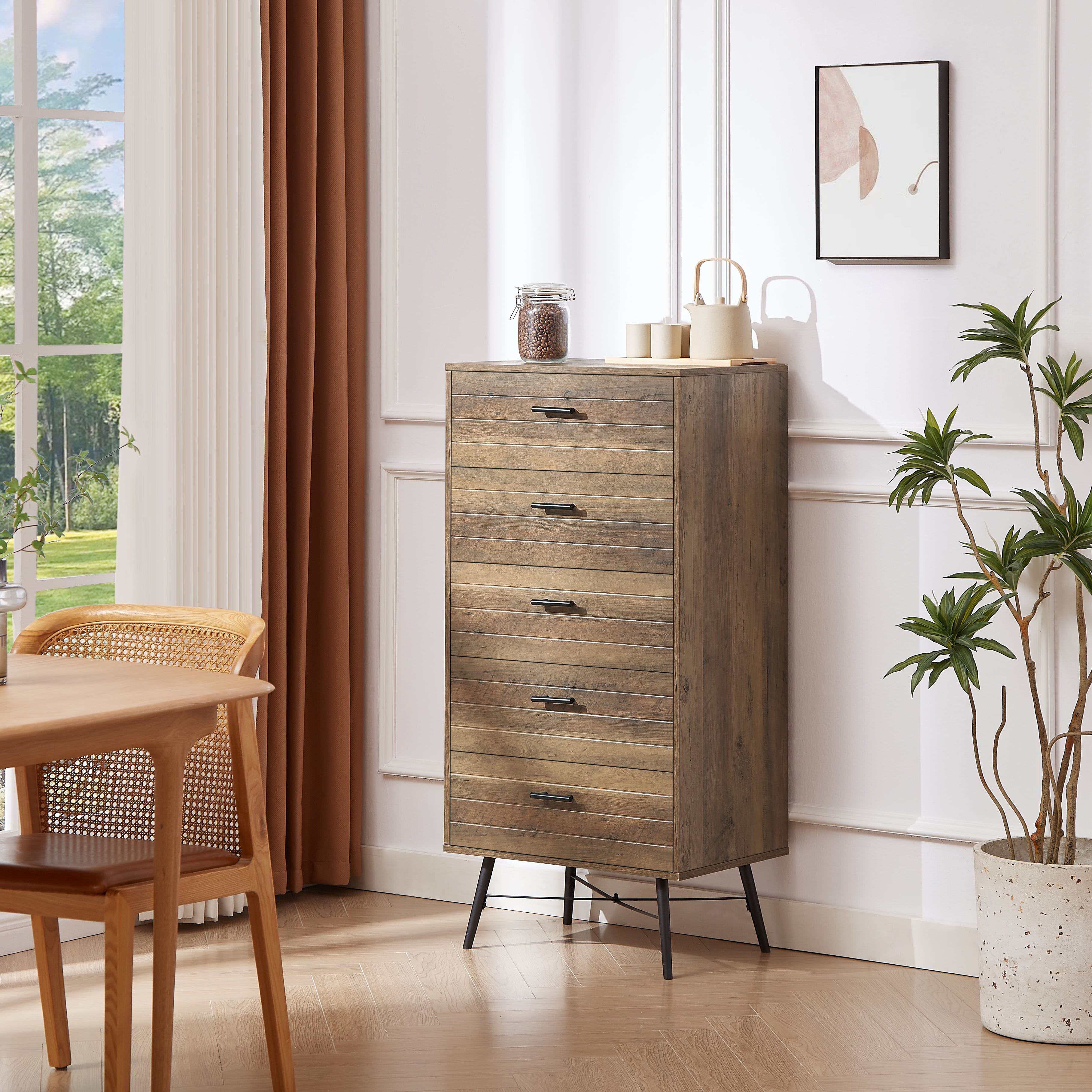 PORKISS 5 Drawer Dresser, Spacious Chest of Drawers, Vertical Dresser, Vintage Dresser Organizer Storage Cabinet for Bedroom, Closet, Hallway, Rustic Walnut
