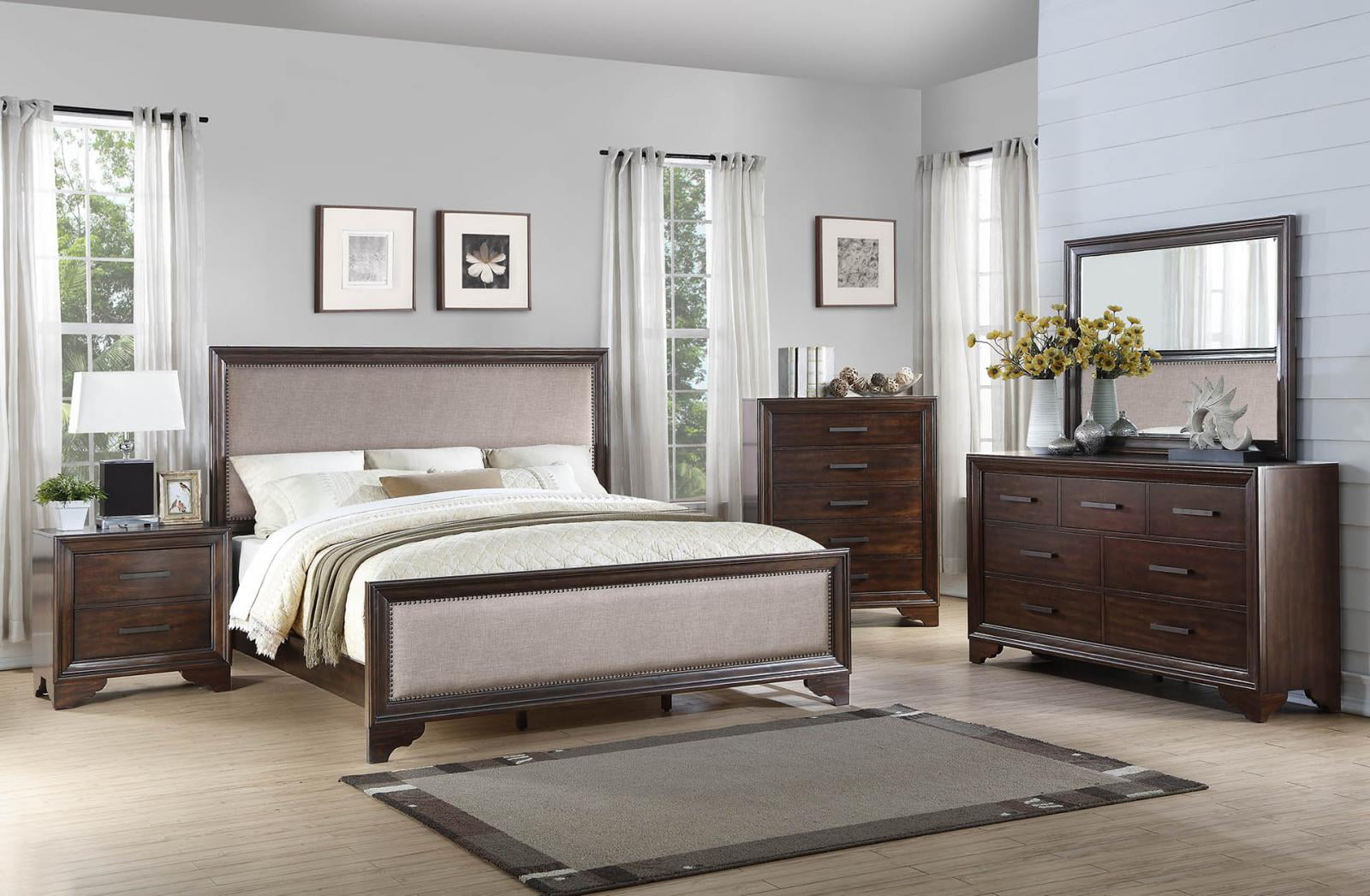 Traditional Walnut Finish & Linen Fabric King Bedroom Set 5Pcs McFerran ...
