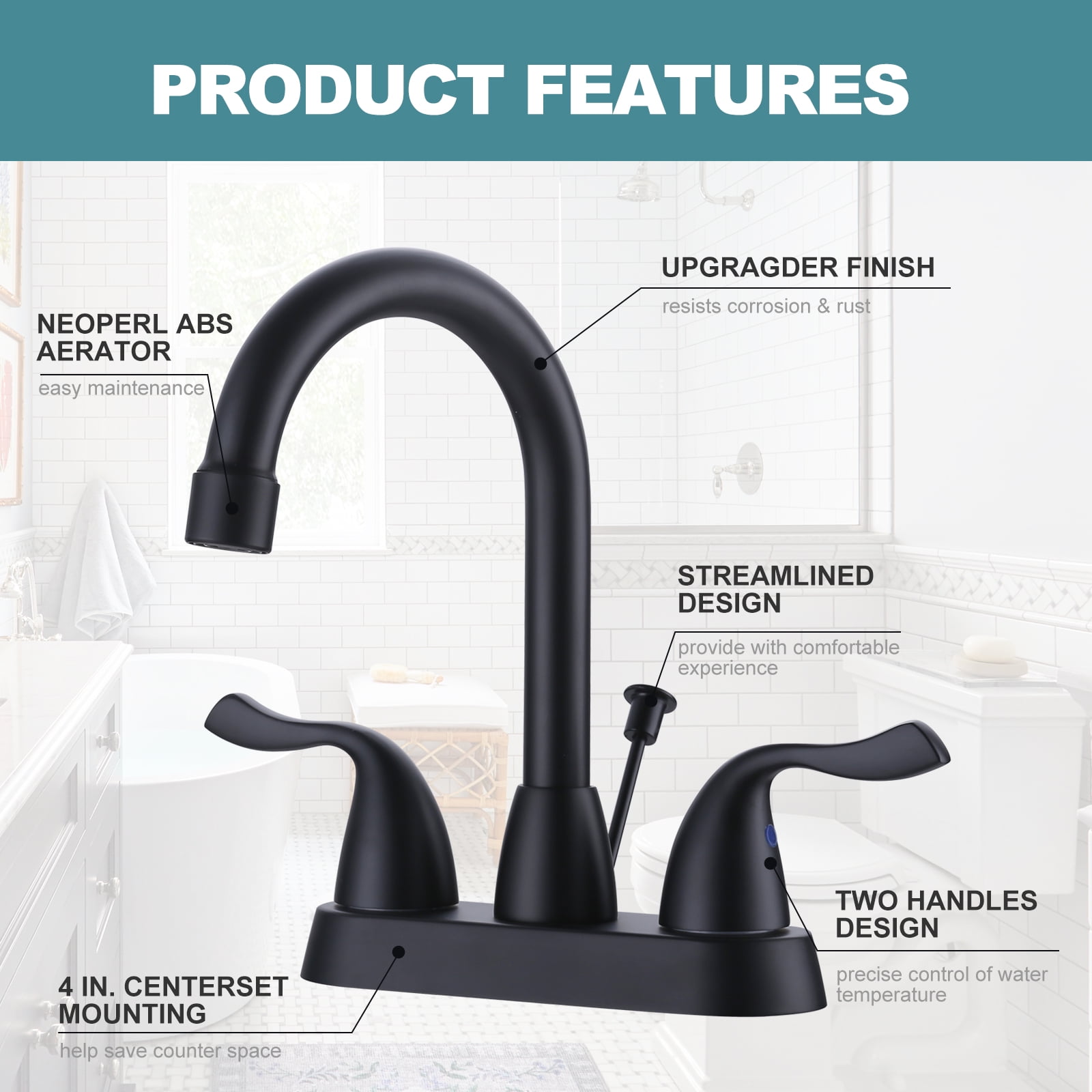 WOWOW Matte Black Bathroom Faucet, 2 Handle Basin Faucet, 4 Inch Centerset Bathroom Faucet with Drain Assembly and Supply Hoses, Bathroom Sink Faucet Black