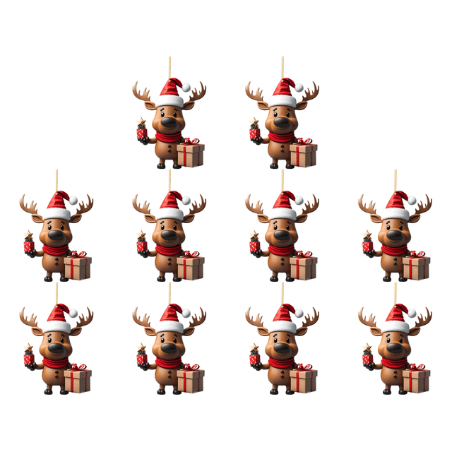 Decoración de alce de dibujos animados Acrílico navideño con decoraciones colgantes de árbol con sombrero de Navidad (1)