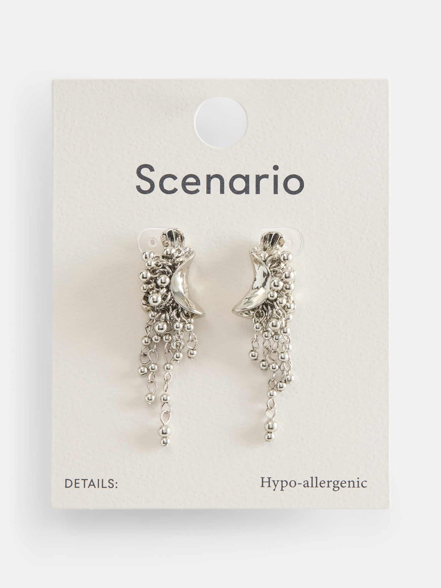 Scenario Women's Silver-Tone Textured Crescent Metal Beaded Fringe Drop Earrings