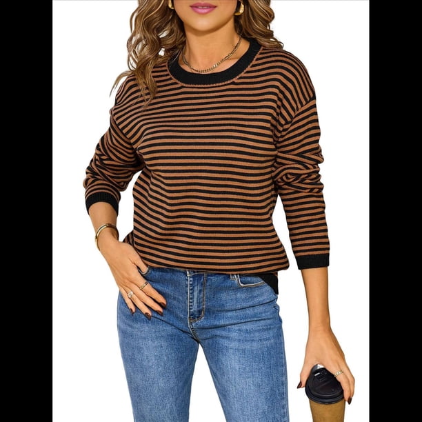 Suéter de Cuello Redondo A Rayas para Mujer, Blusas Casuales de Invierno de Larga con Bloques de Color, Ropa Holgada y Cálida Negro L