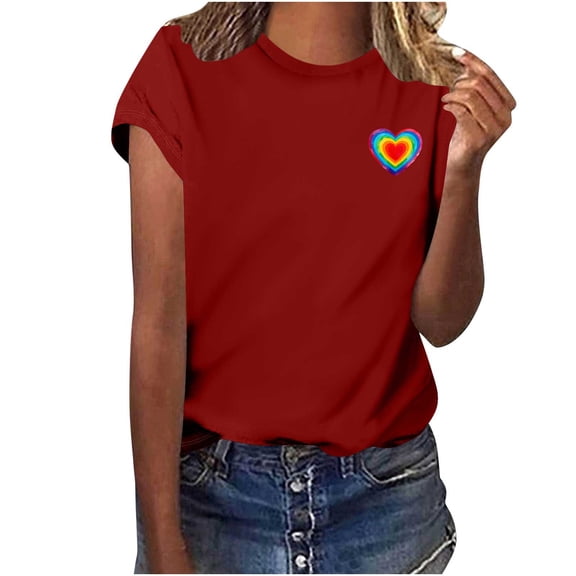 Otvok Womens Casual Heart-Shaped Printed Tops Crewneck Short Sleeve T Shirts Fashion Outfits Spring Summer Blouses