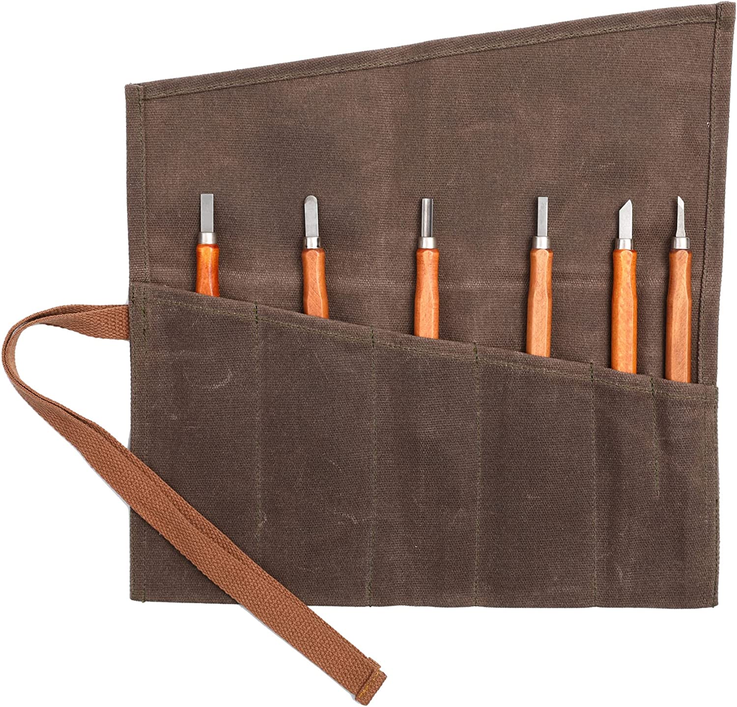 Waxed Canvas Tool Roll Up Pouch, 6 Pockets Wrench Tool Roll