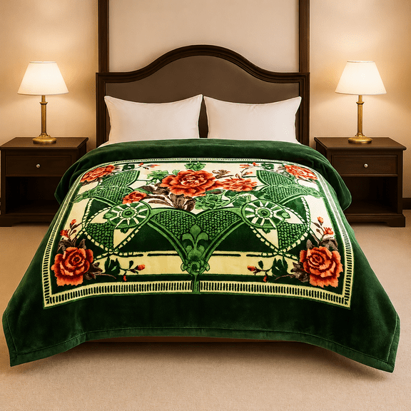 SHUBOZY Heavyweight King Size Blanket, 85 x 95 in, 11 lb 2-Ply Reversible Korean Faux Mink Raschel Plush Fleece Floral Winter Bed Blanket, Green/Cream