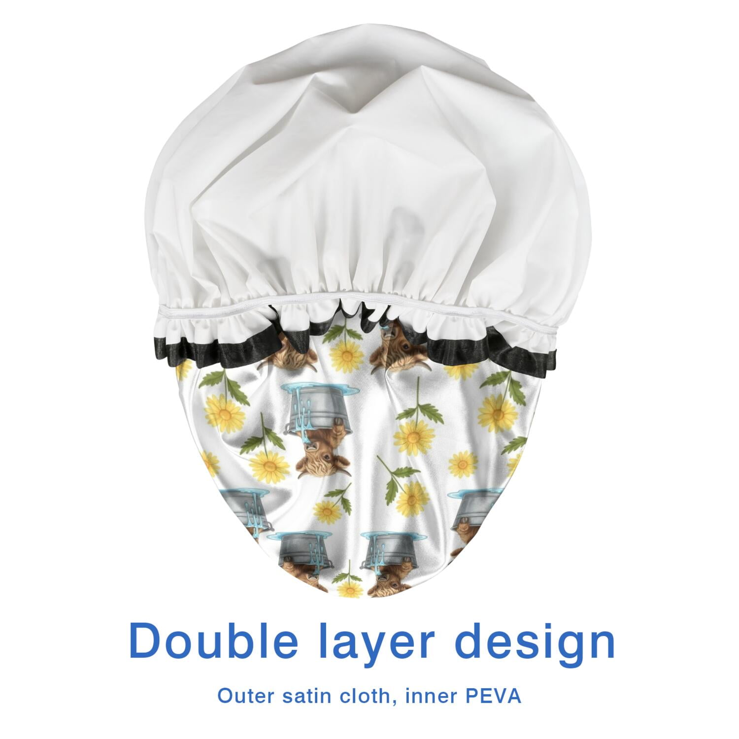 Shower Caps,Highland Cow Bucket Flower Pattern Waterproof Shower Cap for Women 4 Pieces,Double Reusable Hair Cover for Shower PEVA Elastic Stretch Hem