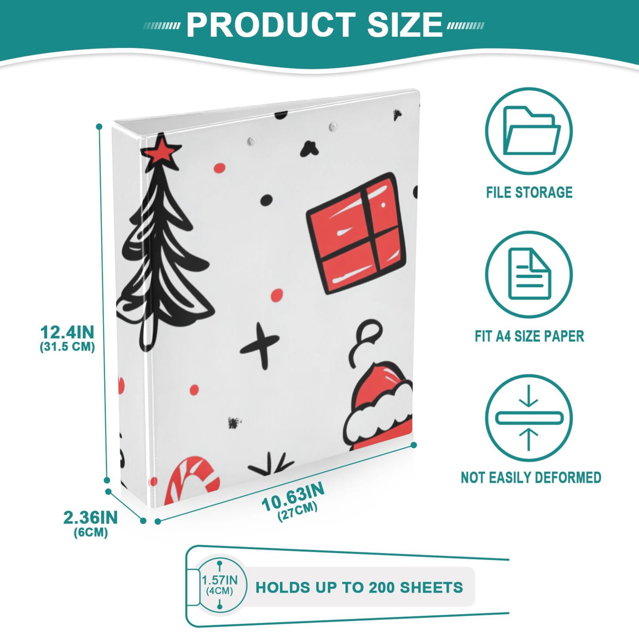 Christmas Doodle 3 Ring Binders 1.5 inch Hardcover File Folders with Interior Pockets A4 Size Organizer for School Office Hospital