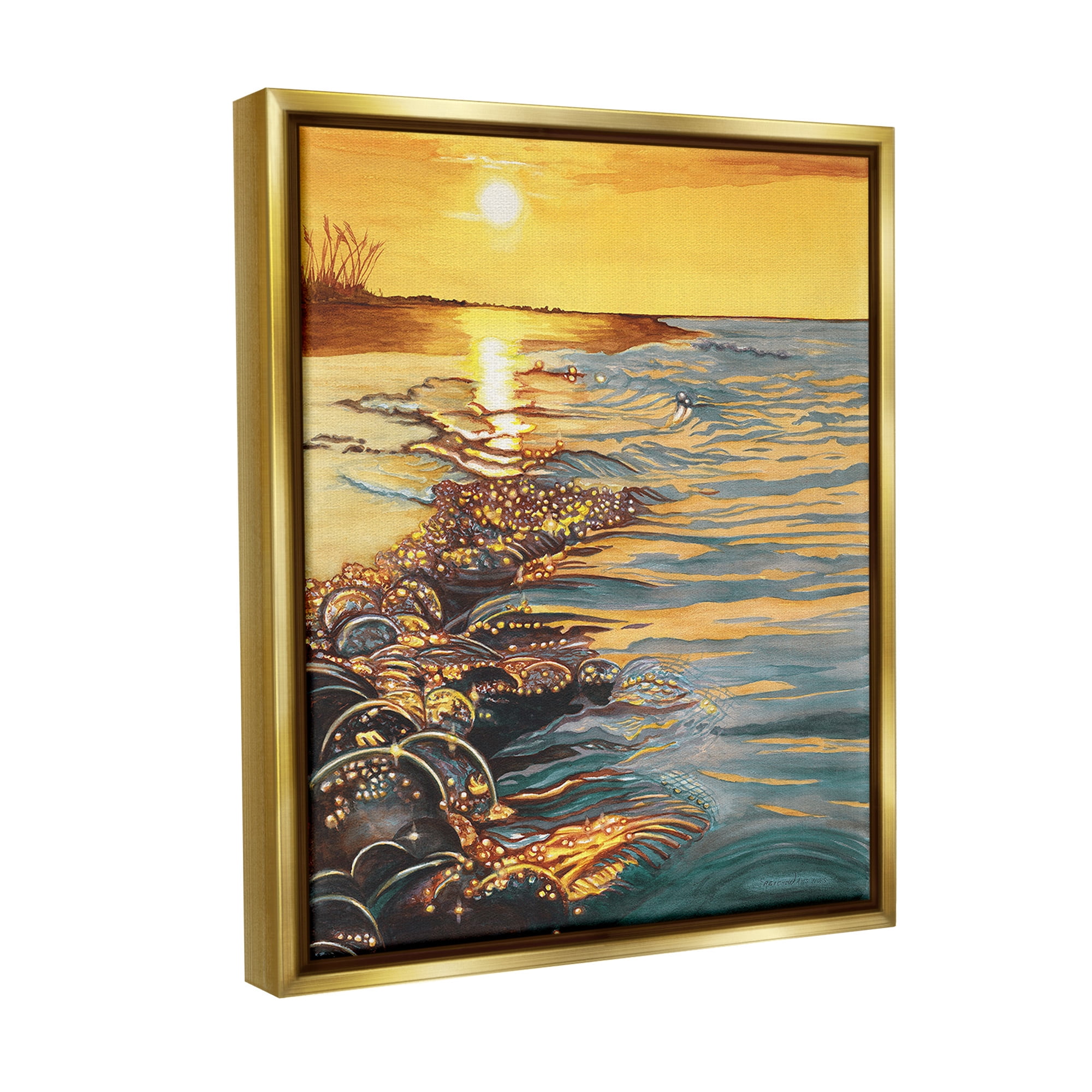 Stupell Industries Sunset over Beach Ripples Landscape Painting Gold Floater Framed Canvas Art Print Wall Art, 17 x 21