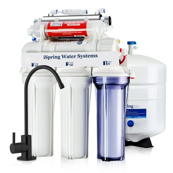 iSpring RCC7AK-UV-BLK, Alkaline and UV 7-Stage Reverse Osmosis Water Filter System, Clear Housing for Easy Filter Inspection, Reduces PFAS, TDS, Chlorine, Lead, Enhances Water Taste, pH Balanced