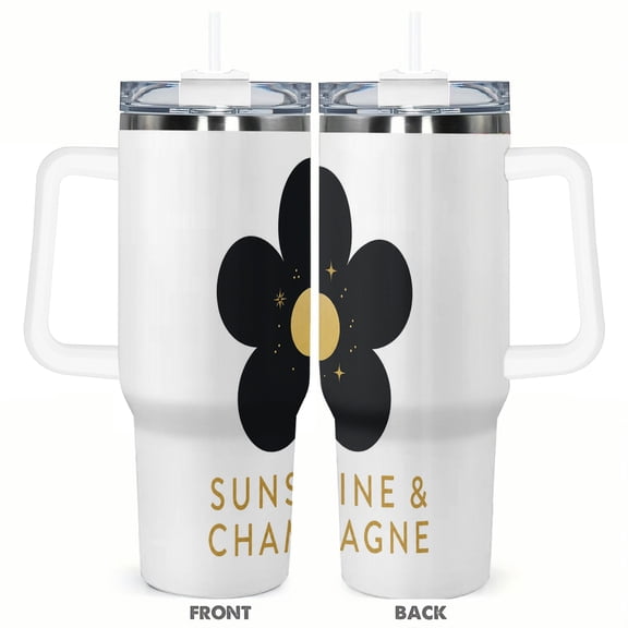 40oz Sunshine and Champagne Black Flower Car Tumbler with Handle and Straw Gift Stainless Steel Insulated Travel Coffee Cup for Women