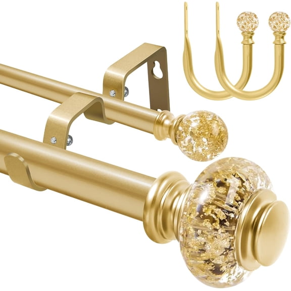 1" Gold Double Curtain Rod for Windows with Glass Ends and Holdbacks