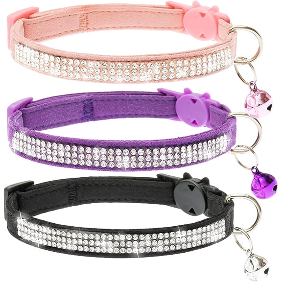 Mumup Cat Collar Breakaway with Bell - Cute Cat Collar for Boy Girl Cats - Rhinestones Bling Adjustable Soft Velvet Pet Collars for Small Medium Large Cats & Puppy (Pink, Purple, Black)