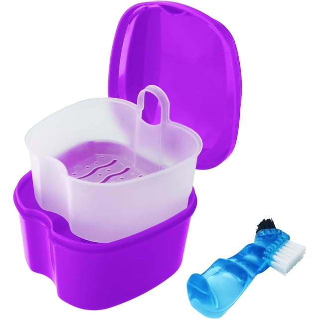 Colorful Denture Bath Case with Brush, Denture Cup Soaking Holder False Teeth Container Mouth Guard Storage Case Cleaning with Lid Waterproof - Purple