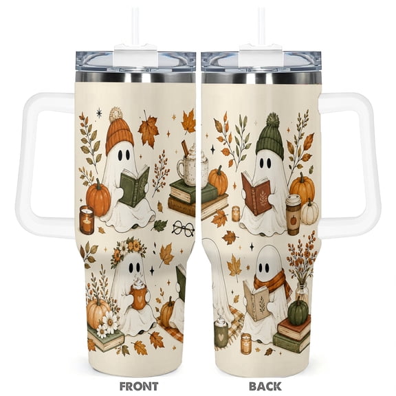 40oz Cute Ghost Autumn Reading Travel Tumbler with Handle and Straw Lid Insulated Car Cup for Coffee and Cold Drinks Fall Halloween Gift