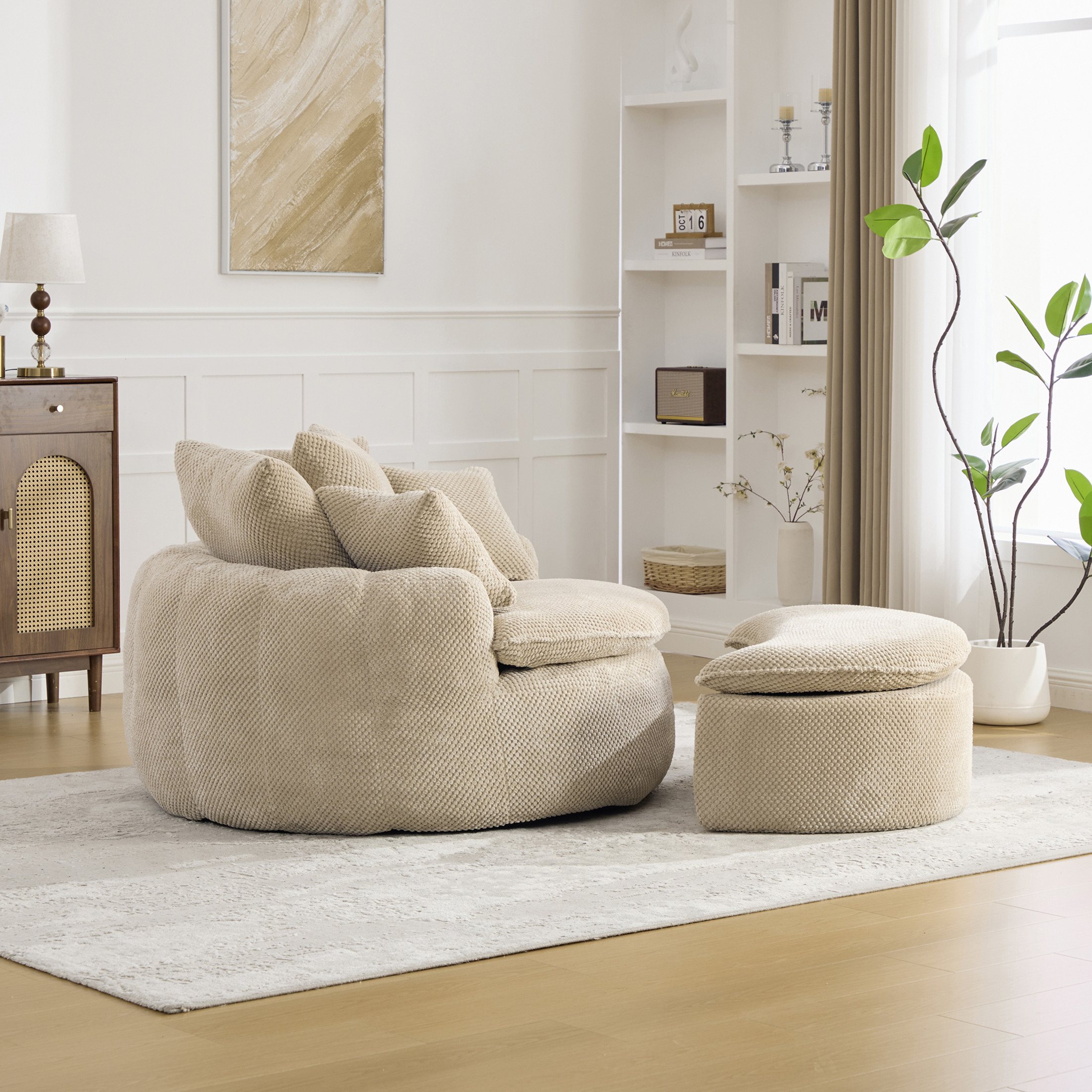 GDF Studio 53.15-Inch Oversized Pumpkin-Shaped Lounge Chair with Footstool Ottoman, Taupe