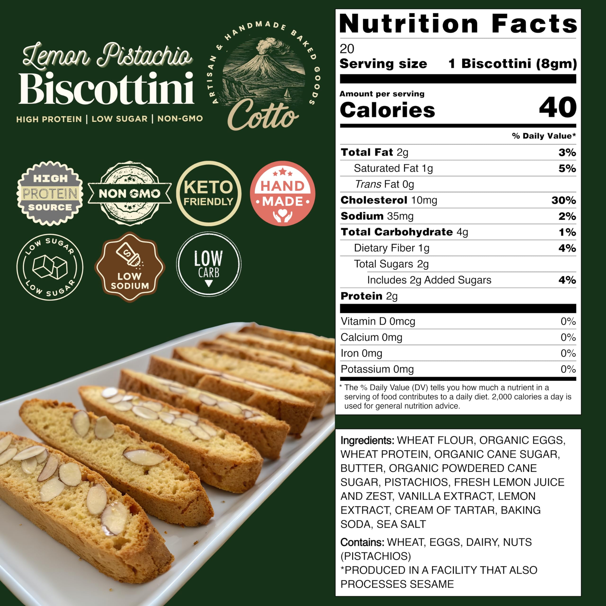 Lemon Pistachio Biscottini – Keto Friendly - 3g Net Carbs & 2g Sugar - High Protein, Authentic Italian Style, Low Carb, Low Sugar, Gourmet Biscotti Cookie Snack