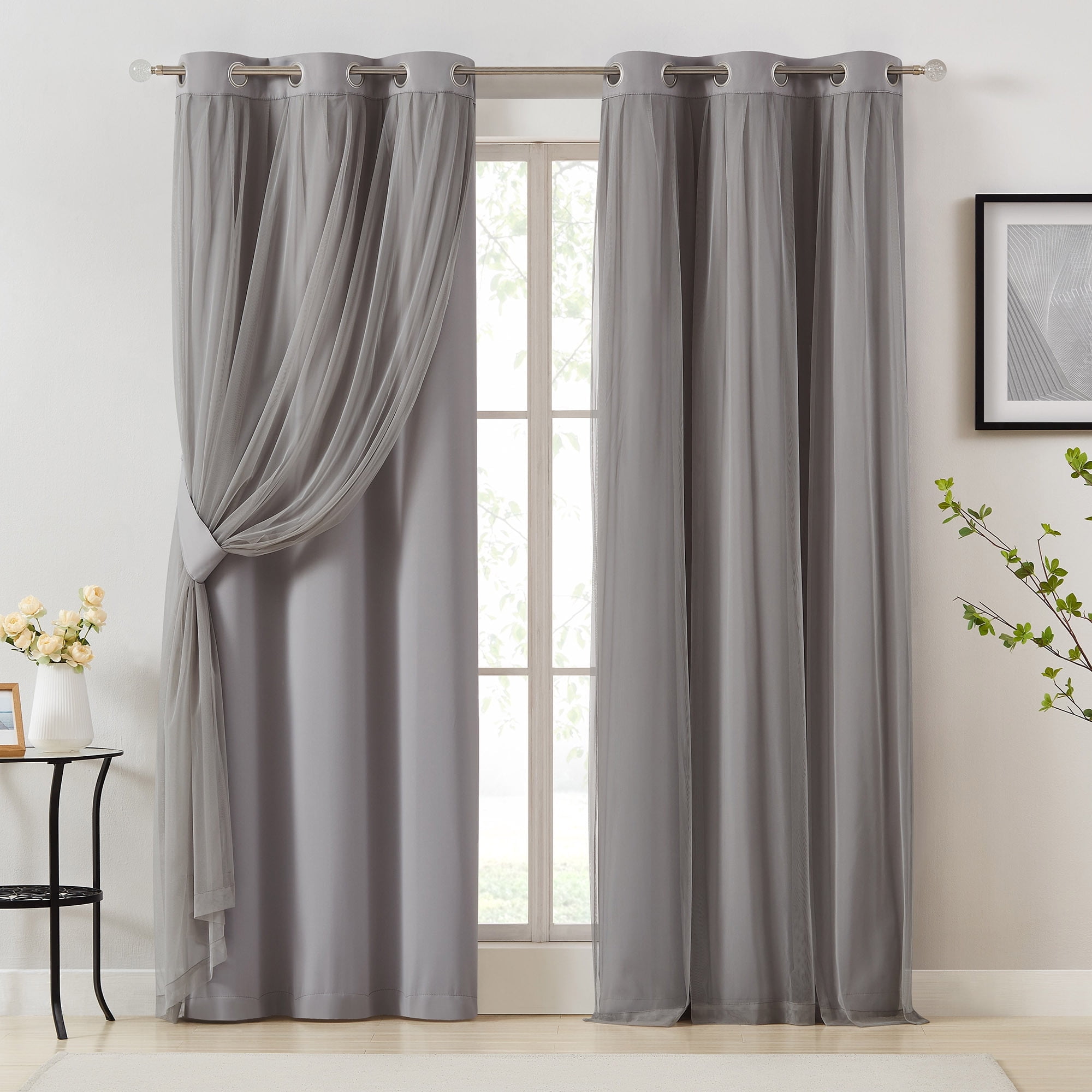 Pinewave Blackout Curtains with Sheer Overlay Mix and Match Double Layer Window Drapes,Grommet Top,37"Wx95"L,Grey,2 Panels