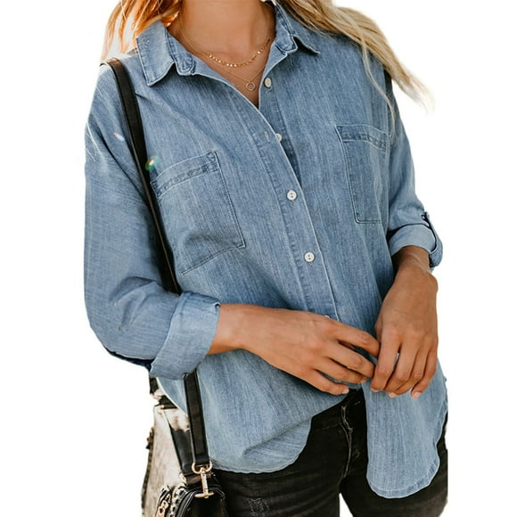 VKOYWKM Womens Button Down Denim Shirts Casual Long Sleeve Roll Up Jean Shirts Plus Size Fall Lightweight Collared Denim Shirts with Pockets