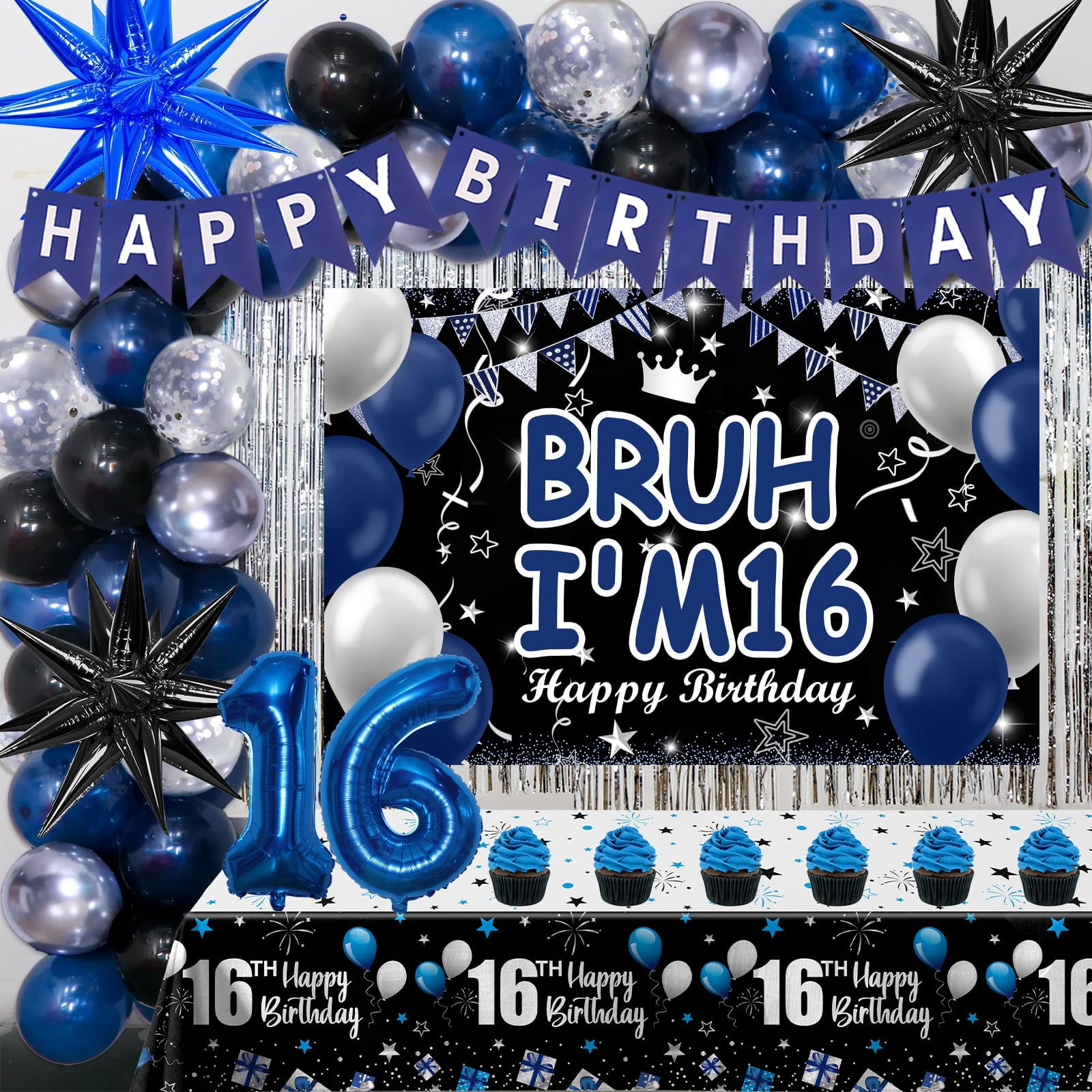 16th Birthday Decorations for Boys Girls 75Pcs Blue 16th Party Supplies VT04