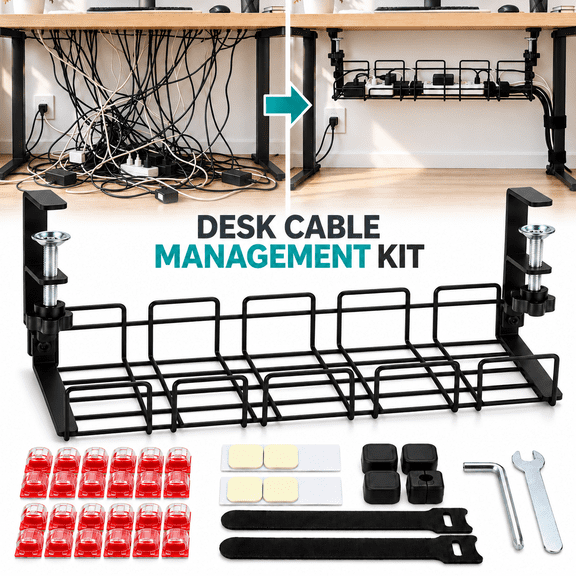 Under Desk Cable Management Kit, Clamp-On No Drill Cable Tray with Magnetic Holders, Reusable Cable Straps & Clear Wire Clips, Desk Wire Organizer Basket for Gaming Setup & Office, Pet Friendly Cord