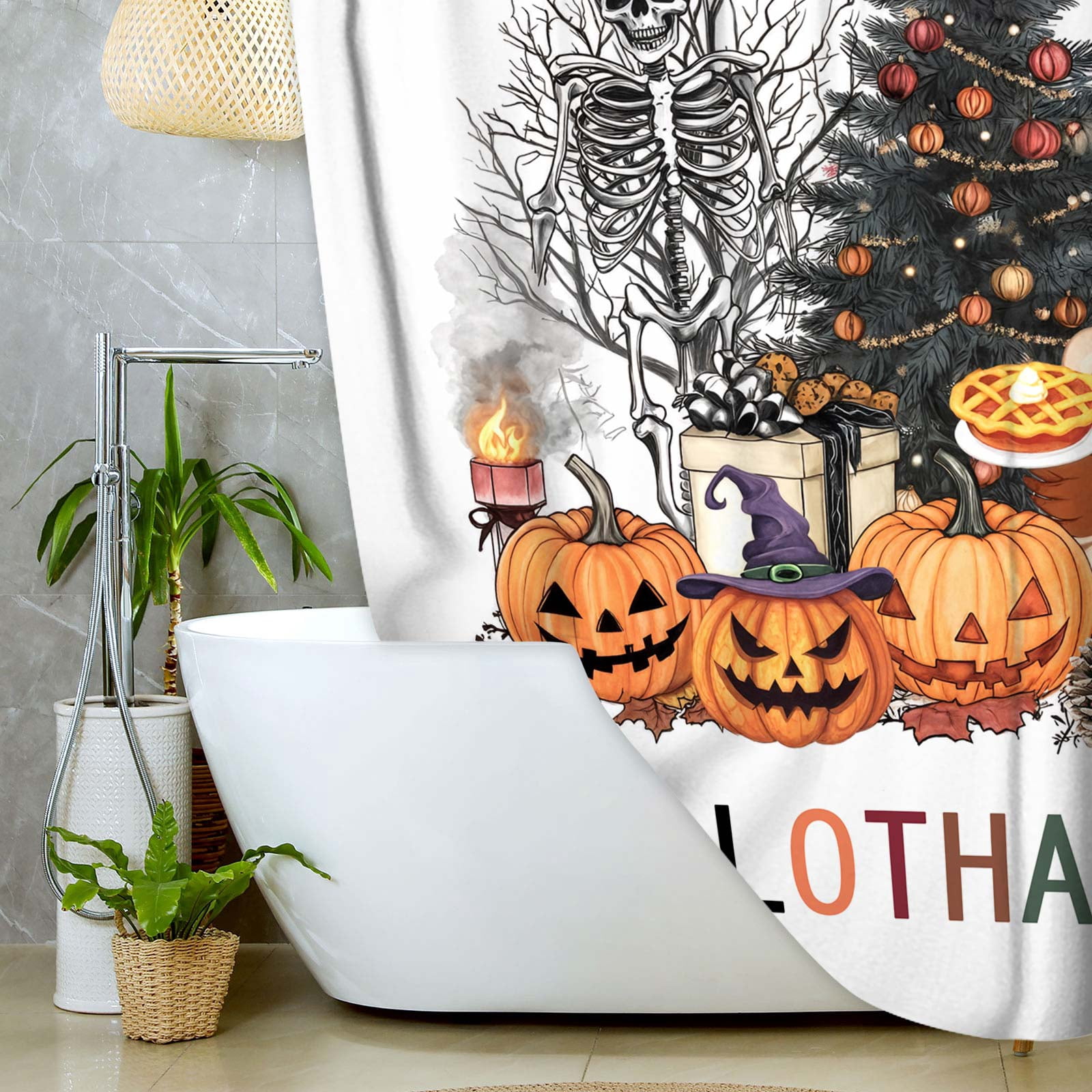 Happy Fall Thanksgiving Halloween Shower Curtains for Bathroom, Fall Autumn Thanksgiving Halloween Christmas Waterproof Bath Shower Curtain Set with Hooks,60X72