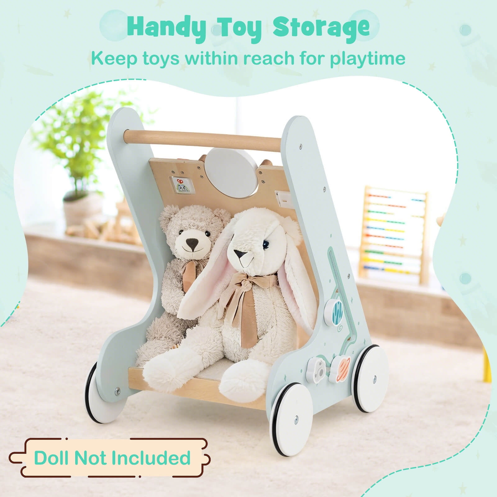 Infans Wooden Baby Walker Push and Pull Learning Activity Center with Wheels Push Toy
