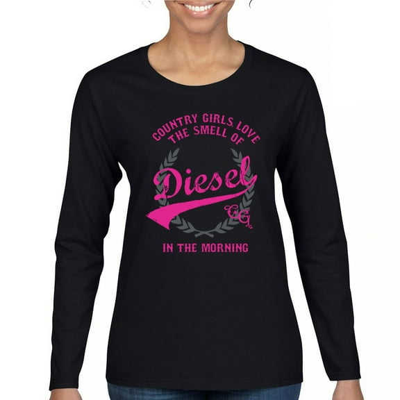 Country Girl Love Smell Of Diesel Women's Long Sleeve T-shirt Pink Truck Fuel Southern Cowgirl Western Rodeo Pride Life Gift