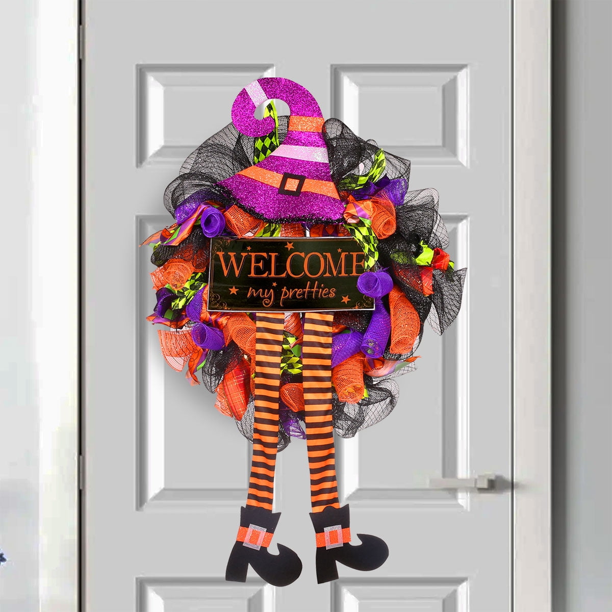 Welcome My Pretties Halloween Deco Mesh Door or Wall Wreath New 24”x 24”x 6” 