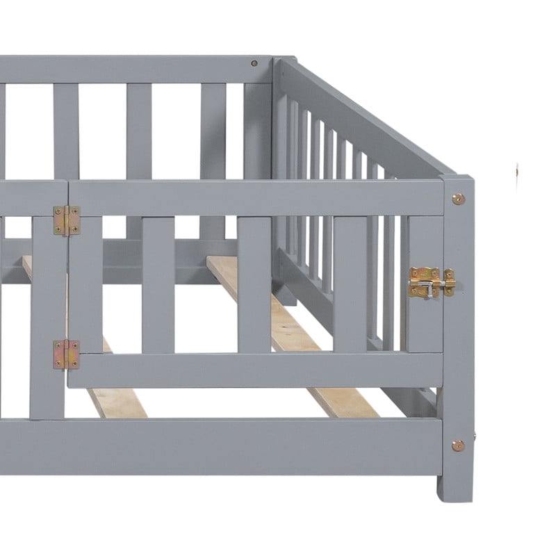 Mirightone Full Size Floor Bed with Guardrails and Door, Low-Profile Full Montessori Bed with Support Slats, Grey