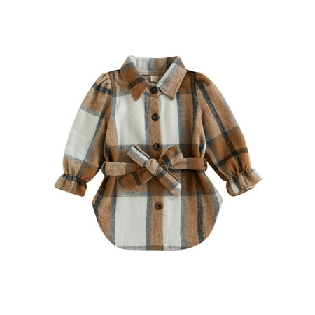 

JYYYBF 2-7Y Toddler Girl Flannel Plaid Jacket Cute Button Down Long Sleeve Shirt Dress with Waist Belt Fall Winter Outerwear Outfit Camel 4-5 Years