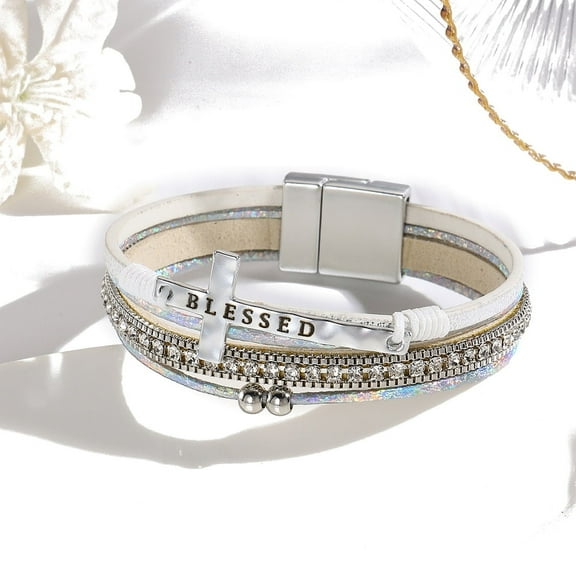 Imitation Leather Mutli-strand Bracelets Bohemian Cross Bracelets with Stainless Steel Magnetic Clasps White 7-5/8 inch(19.5cm)
