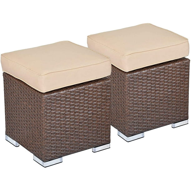 2 Pieces Outdoor Patio Ottoman All Weather Brown Wicker Ottoman Outdoor Footstool Footrest With Beige Cushion Walmart Com Walmart Com