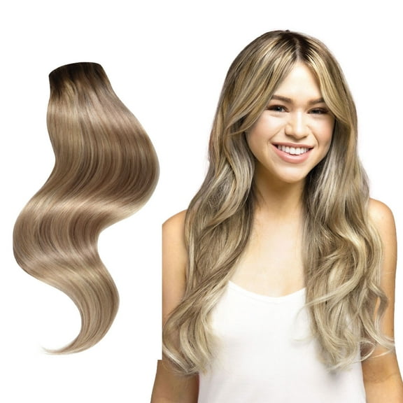 7-Piece Clip-In Hair Extension Set by Joi Hair, Clip Sewn Machine Weft, Premium Remy Human Hair, Full Set for Full Head, 120g 20" #R4A-18/22 Rooted Ash Blonde