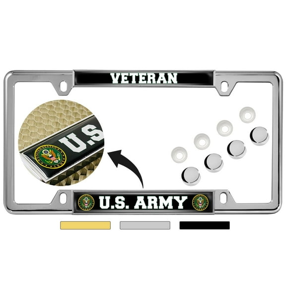 [Officially Licensed Product] - U.S. Army Veteran - Domed Custom-Made Personalized Narrow (Thin) Top 4 Hole Metal Car License Plate Frame with Free caps - Chrome (Quantity: 1 Frame)