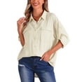thumbnail image 5 of INSPIRE CHIC Women's Loose Button Down Point Collar Roll-up Long Sleeve Top XS Beige, 5 of 6
