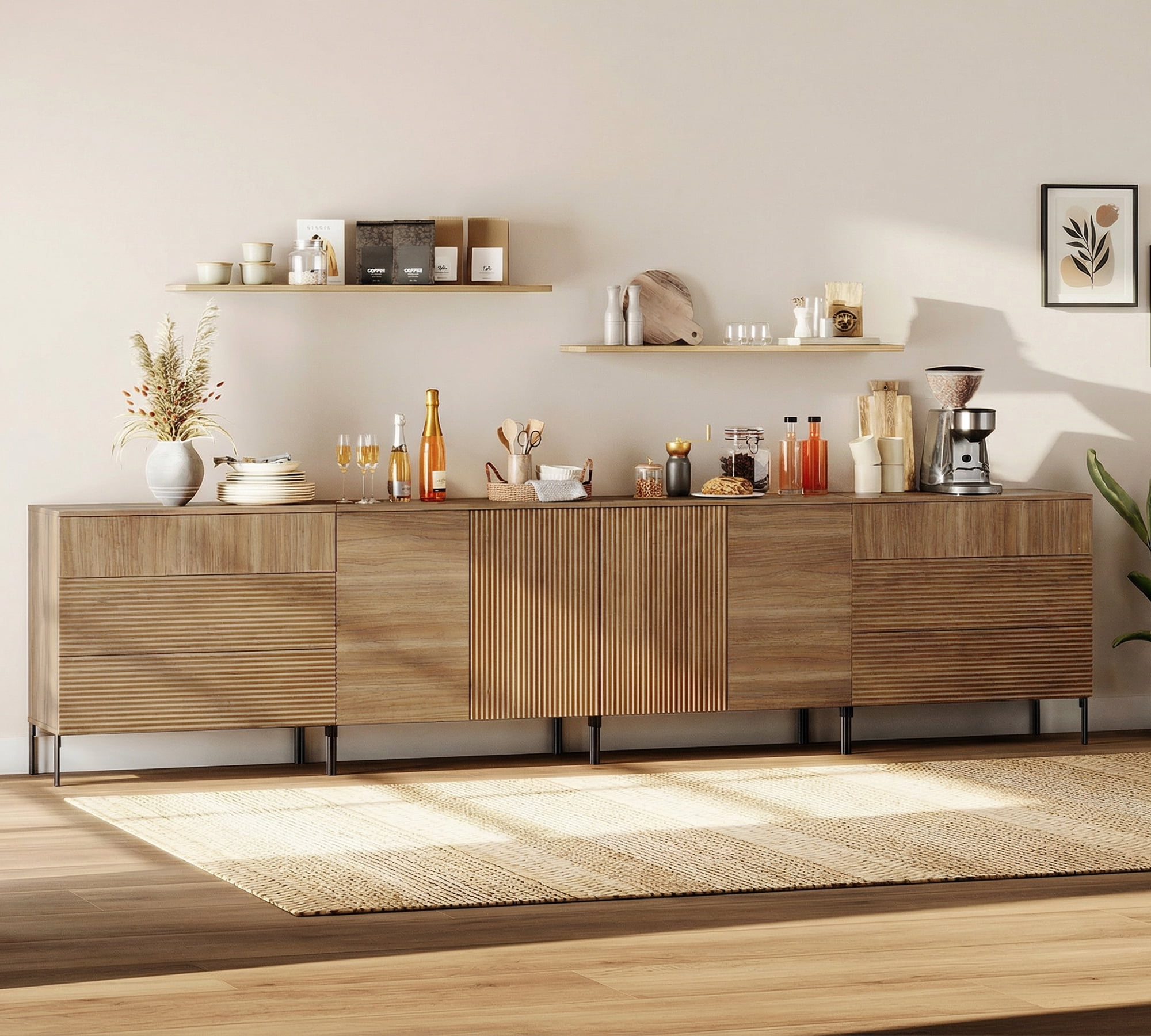 94.5" Reeded Accent Cabinet Set with Doors and Adjustable Shelves, Modern Credenza Storage Cabinet with Charging Station for Living Room, Kitchen, Dining Room, Hallway