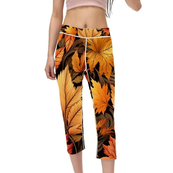 Thanksgiving Leaves Women Leggings High Waist Capri Printed Pants – Suitable for Running, Fitness, Yoga – Not See-Through Gym Leggings