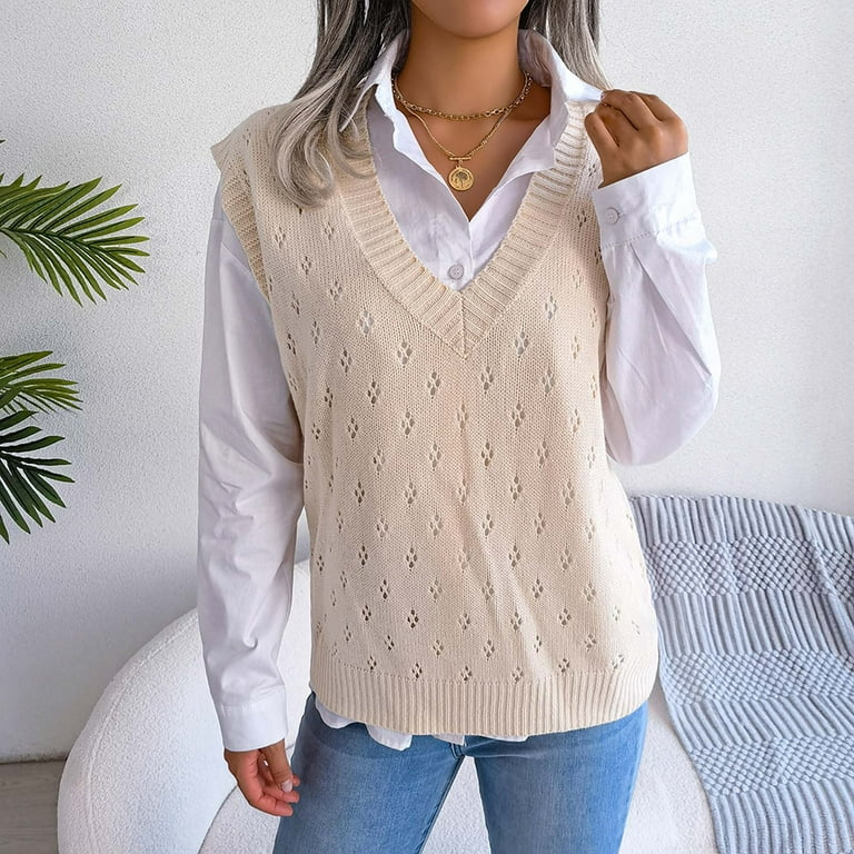 XFLWAM Women Cute Heart Plaid Print Sweater Vest V Neck Color Block  Sleeveless Pullover Knit Tank Top Beige S