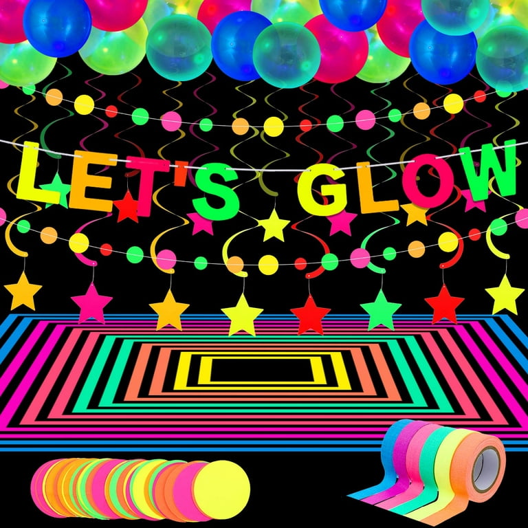Glow Neon Party Supplies, 98.4 Feet 6 Rolls UV Blacklight Reactive Luminous  Tape, 28.9 Feet 2 Pieces Neon Paper Garlands, LET'S GLOW Banner 10 Pieces  Star Hanging Swirl, 25 Pieces Fluorescent Balloons 