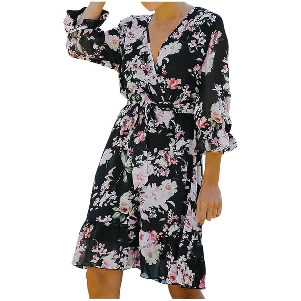 Moda mujer verano sexy casual media manga plisada estampado floral vestido con cuello en v Fridja qw5761