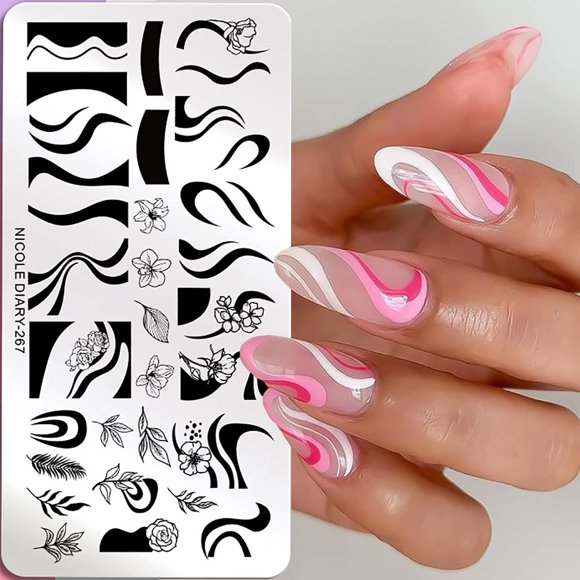 Placas de estampado de uñas Plantillas de sellos de uñas con punta de rayas onduladas francesas Plantilla de gel de esmalte inoxidable Herramientas de plantilla de diseño de uñas (1 unidad)