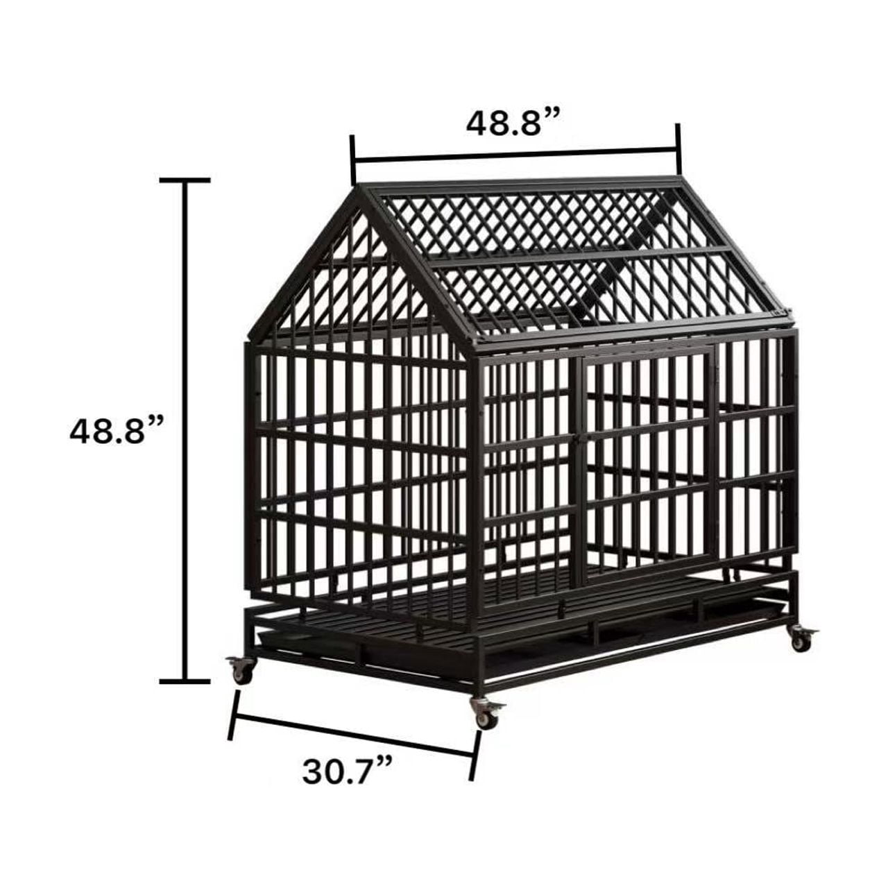 48 Inch Heavy Duty Dog Crate with Wheels, Folding Metal Big Dog Cage for Large and Medium Dogs, Cage with a pointed roof and Removable Tray