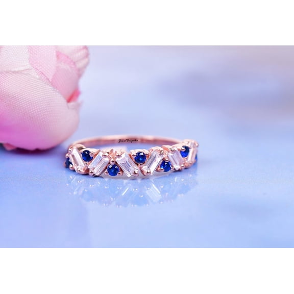 Blue Sapphire Band Ring Half Eternity Ring Baguette Cut Moissanite Jewelry Gifts For Daughter wedding