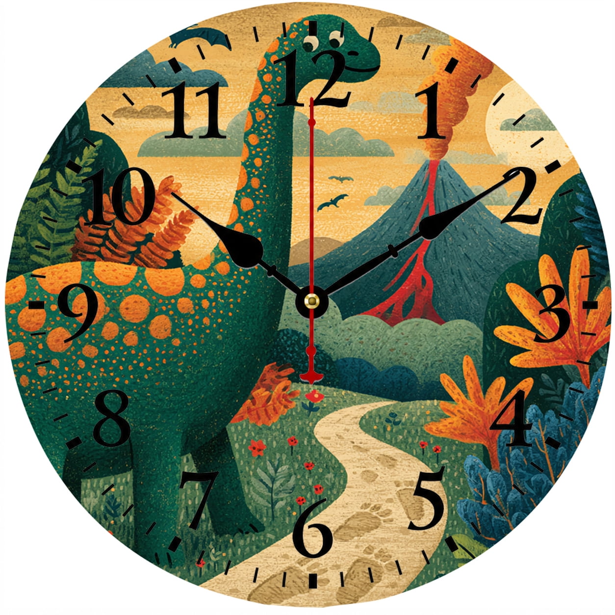 9.84 Inch Dinosaur Wall Clock, Prehistoric Animal Decorative Clock, Battery Operated Round Analog Clock with Easy to Read Numbers, Kids Jurassic Dinosaur Decor for Bedroom Living Room Office