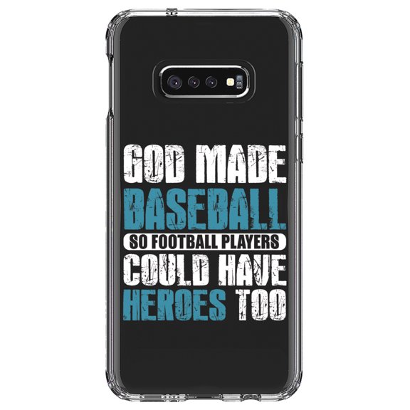 DistinctInk Clear Shockproof Hybrid Case for Samsung Galaxy S10e (5.8" Screen) - TPU Bumper Acrylic Back Tempered Glass Screen Protector - God Made Baseball so Football Players Heroes